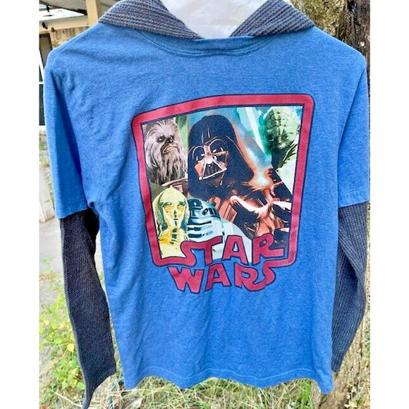 Star Wars Layered Long Sleeve T-Shirt Hoodie Size L Yoda Darth Vader Chewbacca - Picture 1 of 5